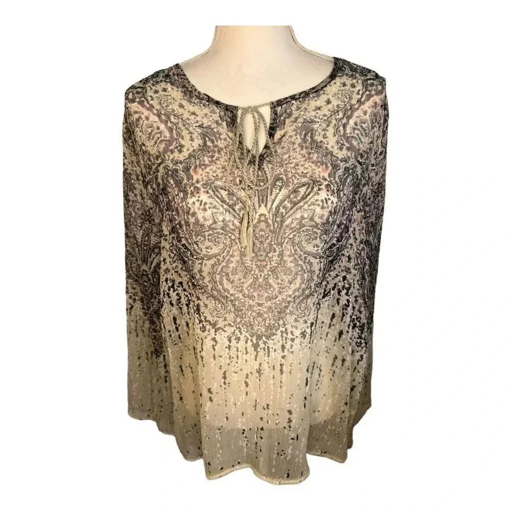 NEW a.n.a. Women’s Large Moonstruck Sand Semi-Sheer‎ Tie Neck Boho Top NWT